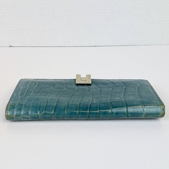Lambertson Truex Crocodile Leather Exotic Turquoise Blue Foldover Wallet Design - Picture 6 of 16